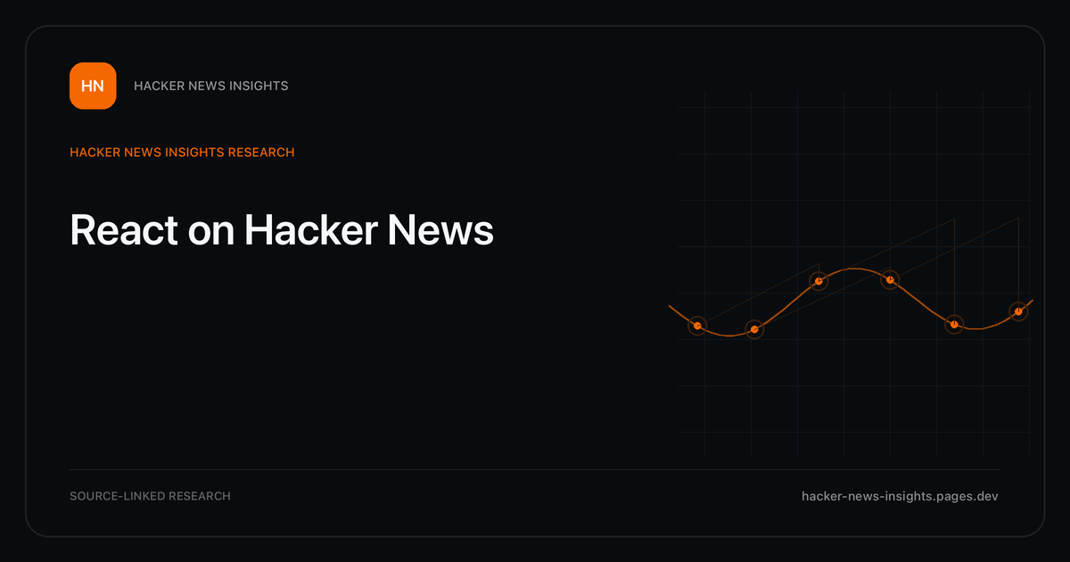 Visual guide to React on Hacker News: How React changed in Hacker News story titles from 2007 through 2026, with annual title share, peak year, sources, and coverage limits.